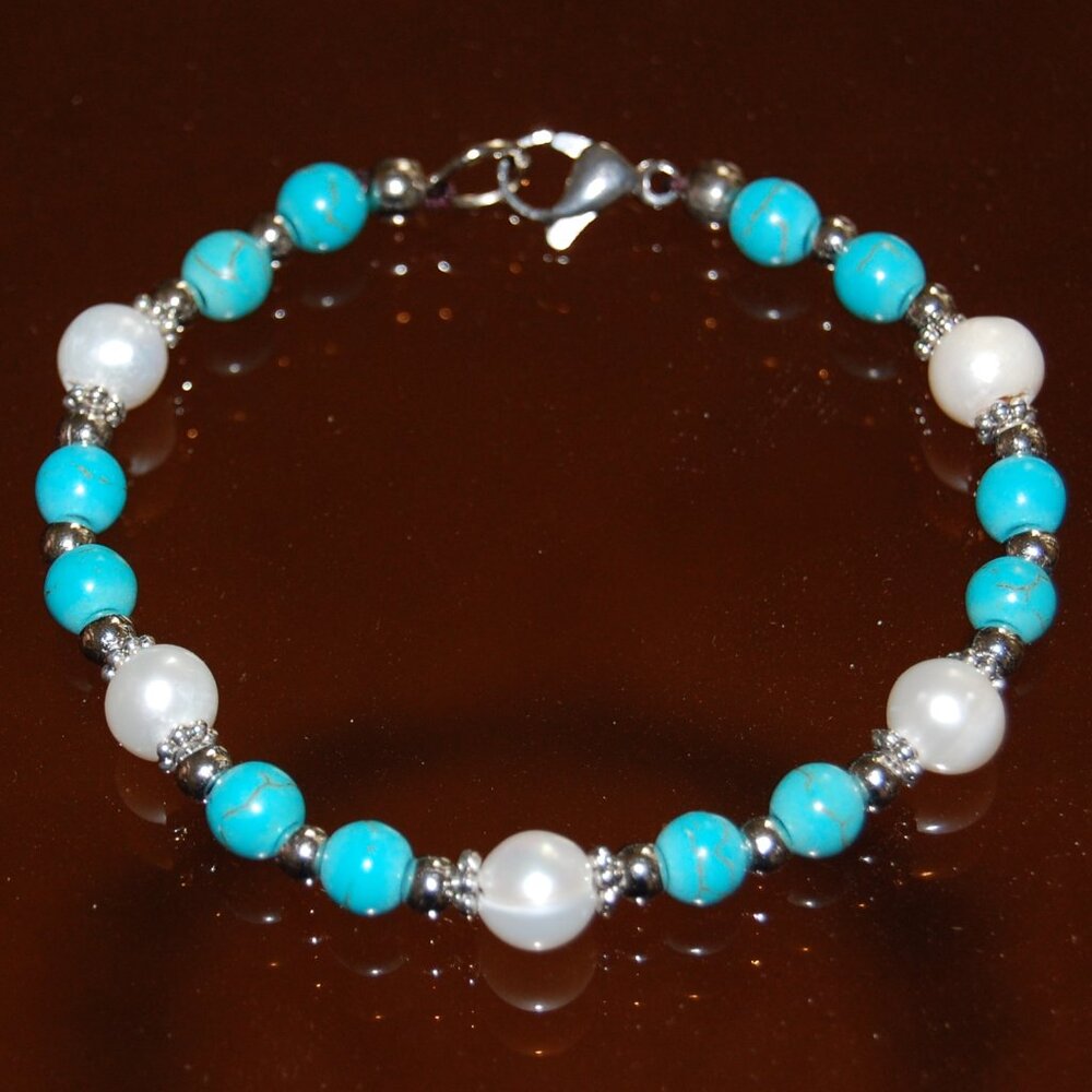 Pearl Bracelet,Gemstone Bracelet,Freshwater Pearls 8mm and Turquoise 6mm Beads